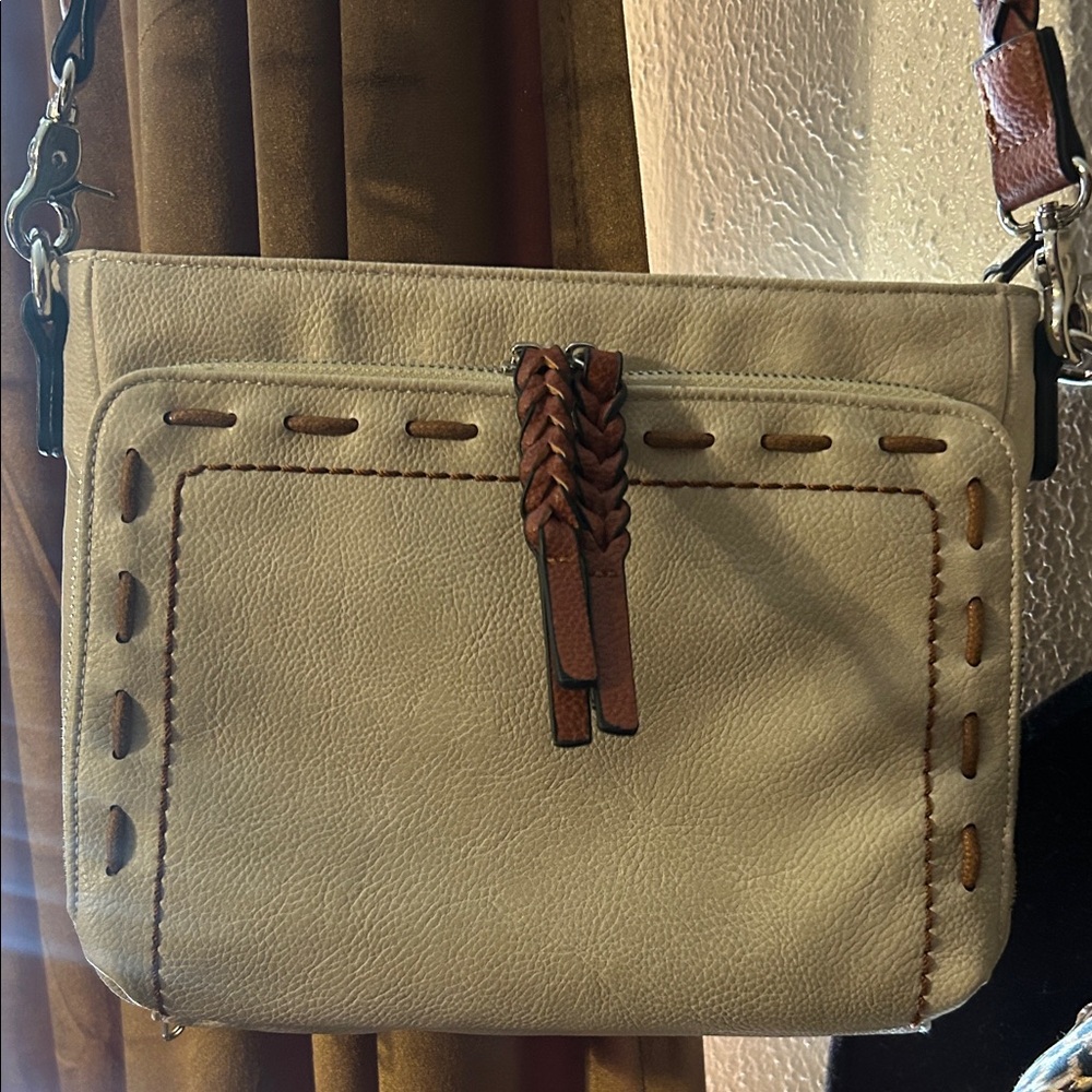 Cream and Brown Leather Crossbody Bag with Braided Accent